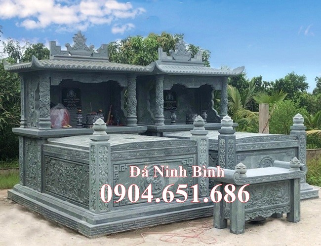 Mẫu mộ đôi, chụp mộ đôi, mộ song thân an táng 1 lần thiết kế xây 1 mái đá khối xanh rêu đẹp chuẩn phong thủy bán tại Kiên Giang