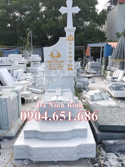 Mẫu mộ tươi công giáo, mộ tươi đạo thiên chúa đá trắng đơn giản đẹp bán tại Cà Mau